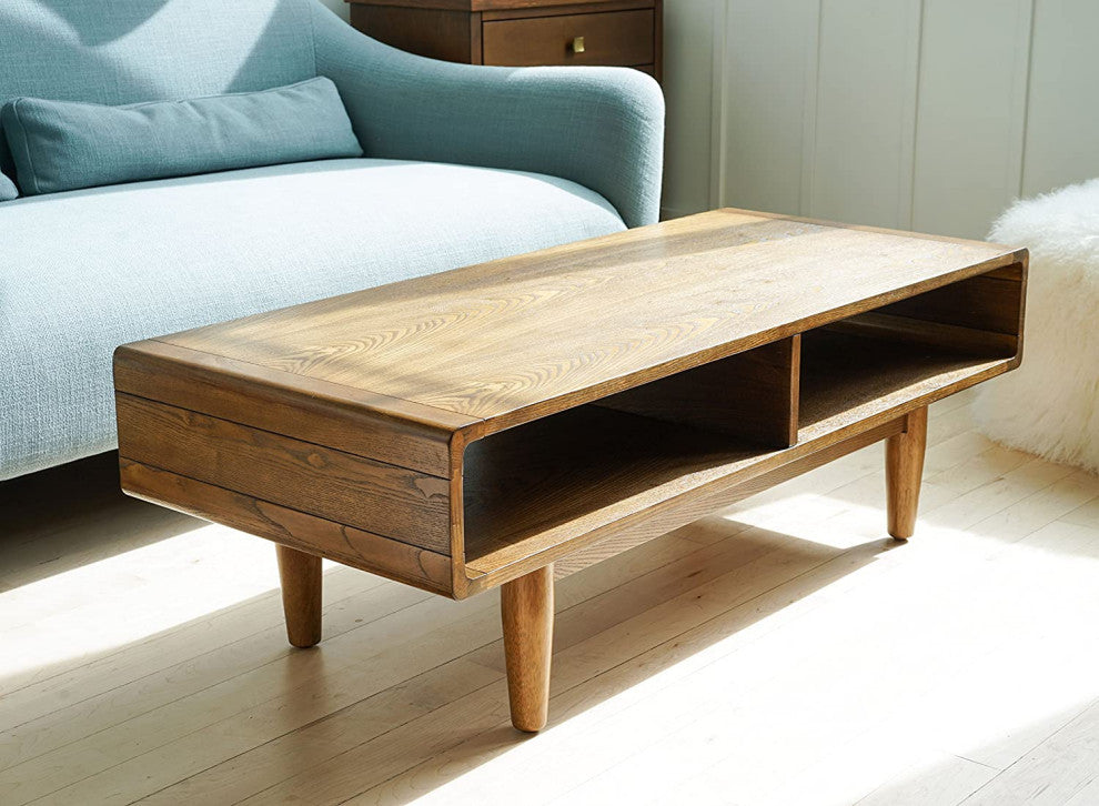 Mid Century Coffee Table, Hardwood Construction With 2 Compartments, Walnut