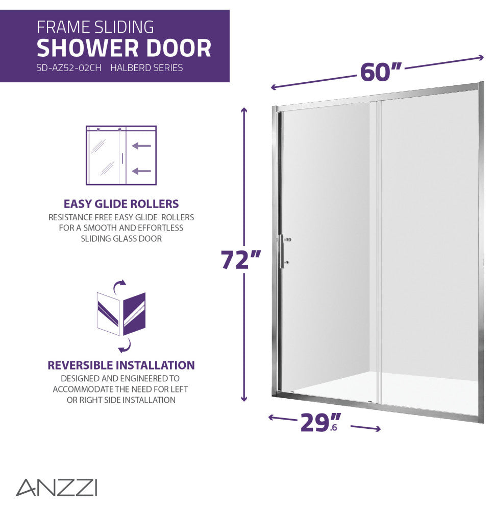 ANZZI Halberd Framed Sliding Shower Door, Polished Chrome, 60" X 72"
