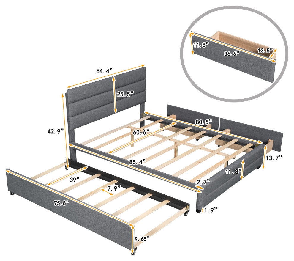 Gewnee Queen Upholstered Platform Bed with Twin Size Trundle,Drawers,In Grey