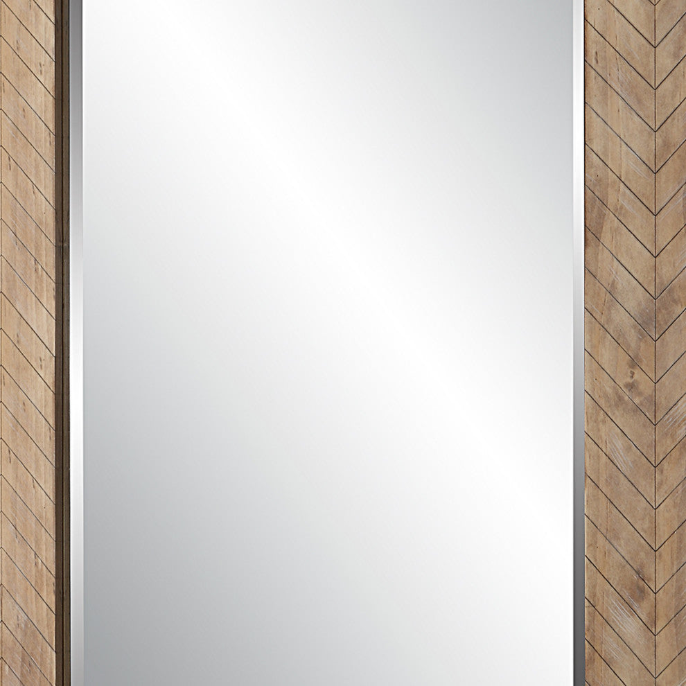 39 Inch Wood Frame Wall Mirror, Chevron Design, Brown