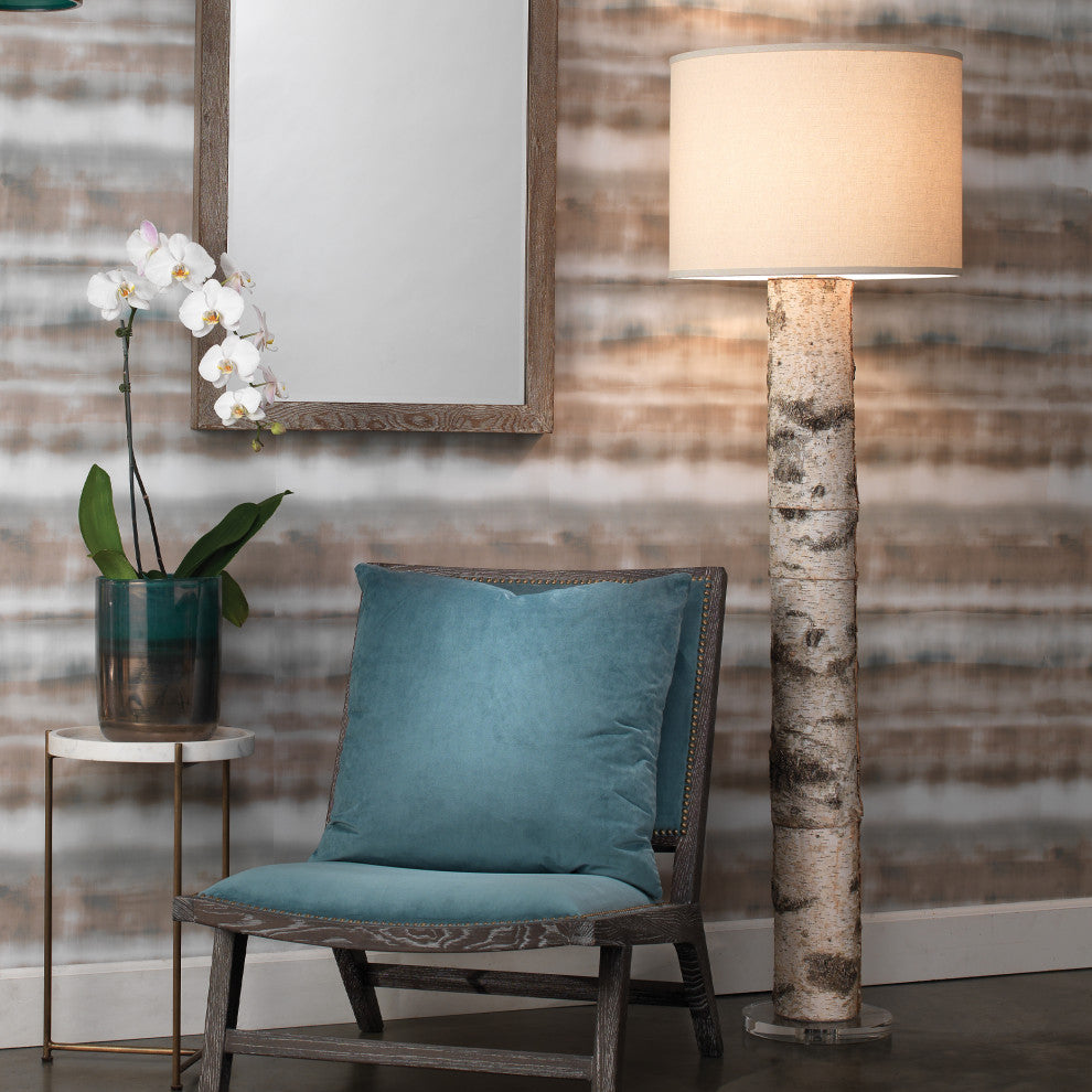 Forrester Floor Lamp, Birch Veneer With Drum Shade, Stone Linen