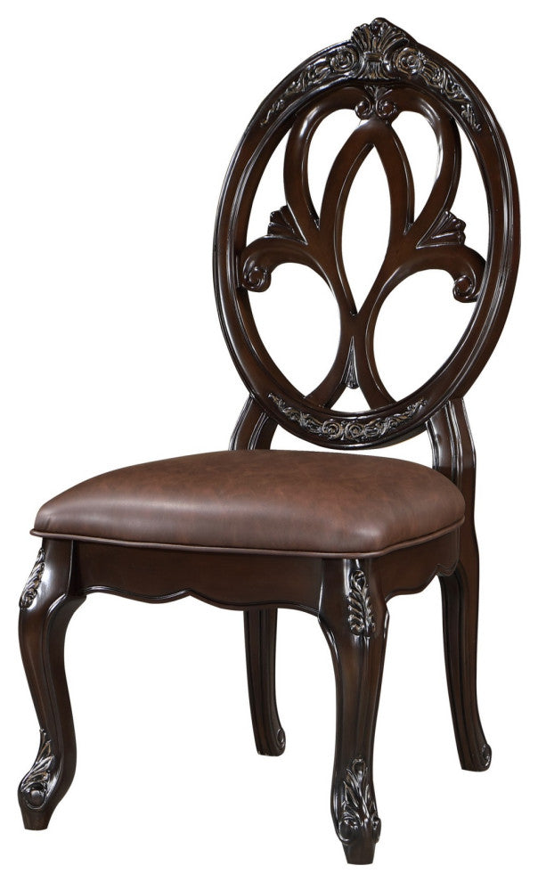 Cran 21" Dining Side Chair, Carved Details, Faux Leather Seat, Brown