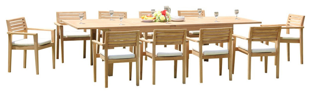 11-Piece Teak Dining Set, 122" Extn Rectangle Table, 10 Montana Stacking Chairs