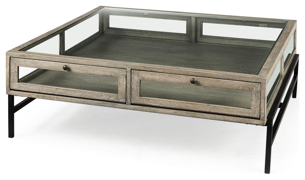 Arelius 42L x 42W x 15H Gray Wood W/ Black Metal Base Square  Coffee Table, Gray