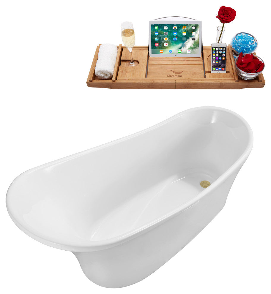59" Streamline N820-IN-BBR Bathtub and Tray With Drain, Brushed Brass