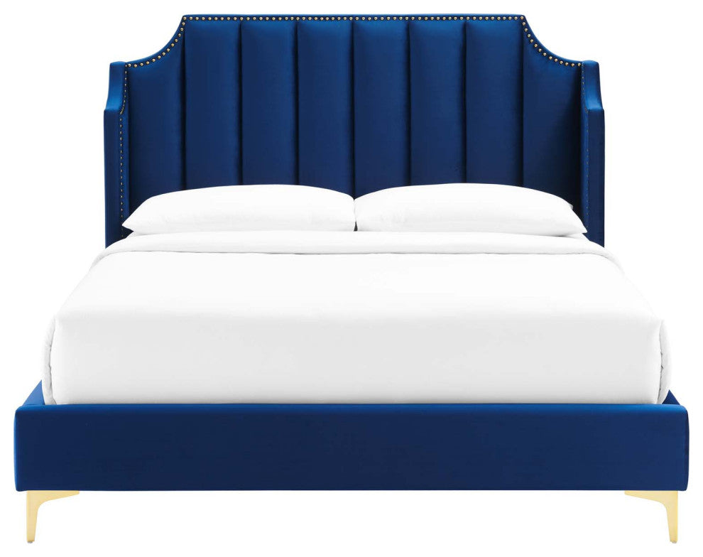 Platform Bed Frame, Queen Size, Velvet, Blue Navy, Modern Contemporary, Bedroom