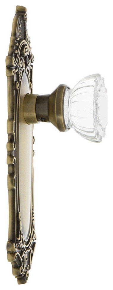 Victorian Plate Passage Crystal Glass Door Knob, Antique Brass