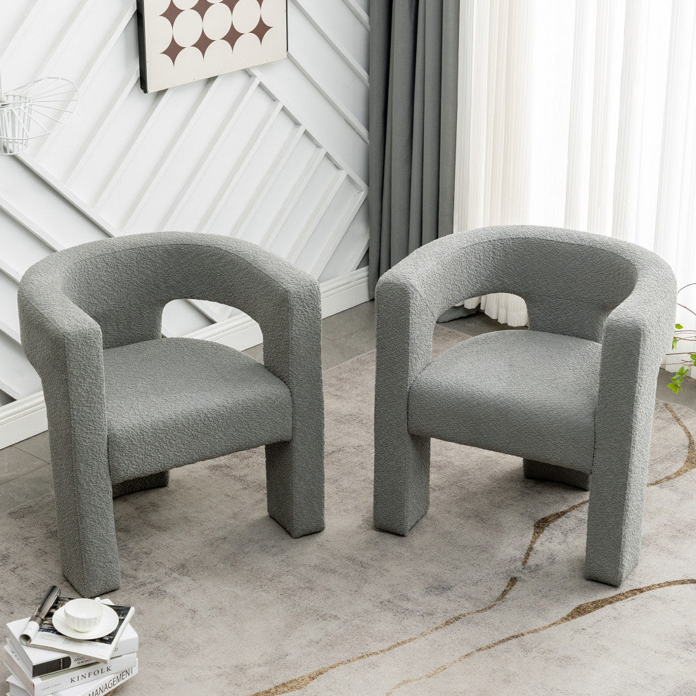 28" Wide Boucle Upholstered Square Armchair, Set of 2, Light Grey