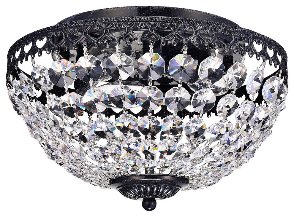 3-Light Antique Black and Crystal Bowl Shade Flushmount