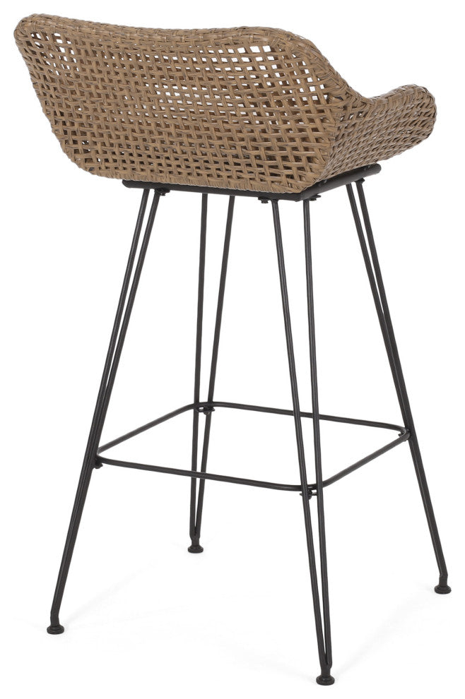 Pondway Outdoor Wicker/Iron Barstools, Set of 2, Beige/Light Brown/Black