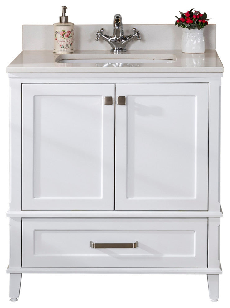 Nera Collection 30" Bath Vanity Quartz Top and Ceramic Sink, White, 30"