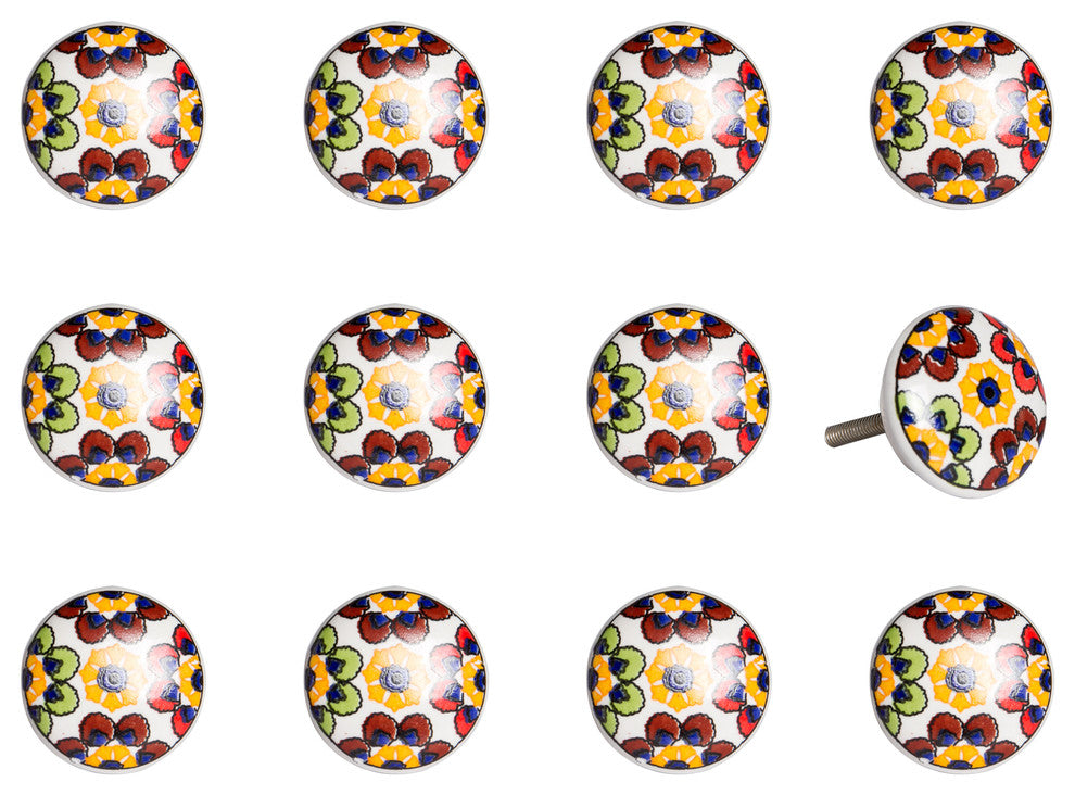 Knob-It Vintage Handpainted Ceramic Knobs, Set of 12, Yellow/Blue/Red