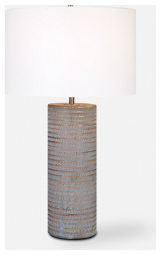 Rustic Chiseled Gray Brown Stripe Cylinder Table Lamp 29in Carved Ceramic Bronze