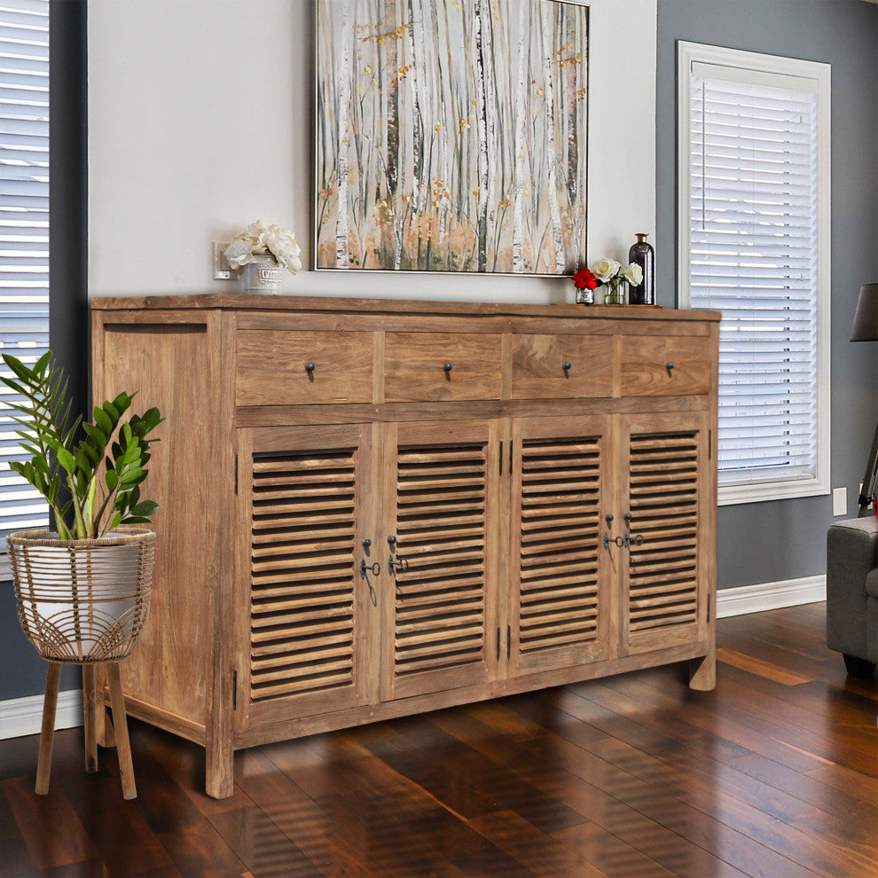 Recycled Teak Wood Louvre Cabinet with 4 Doors 4 Drawers