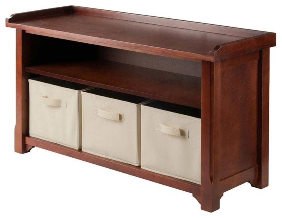Winsome Verona Storage Solid Wood Bench with 3 Foldable Baskets - Walnut - Thumbnail 4