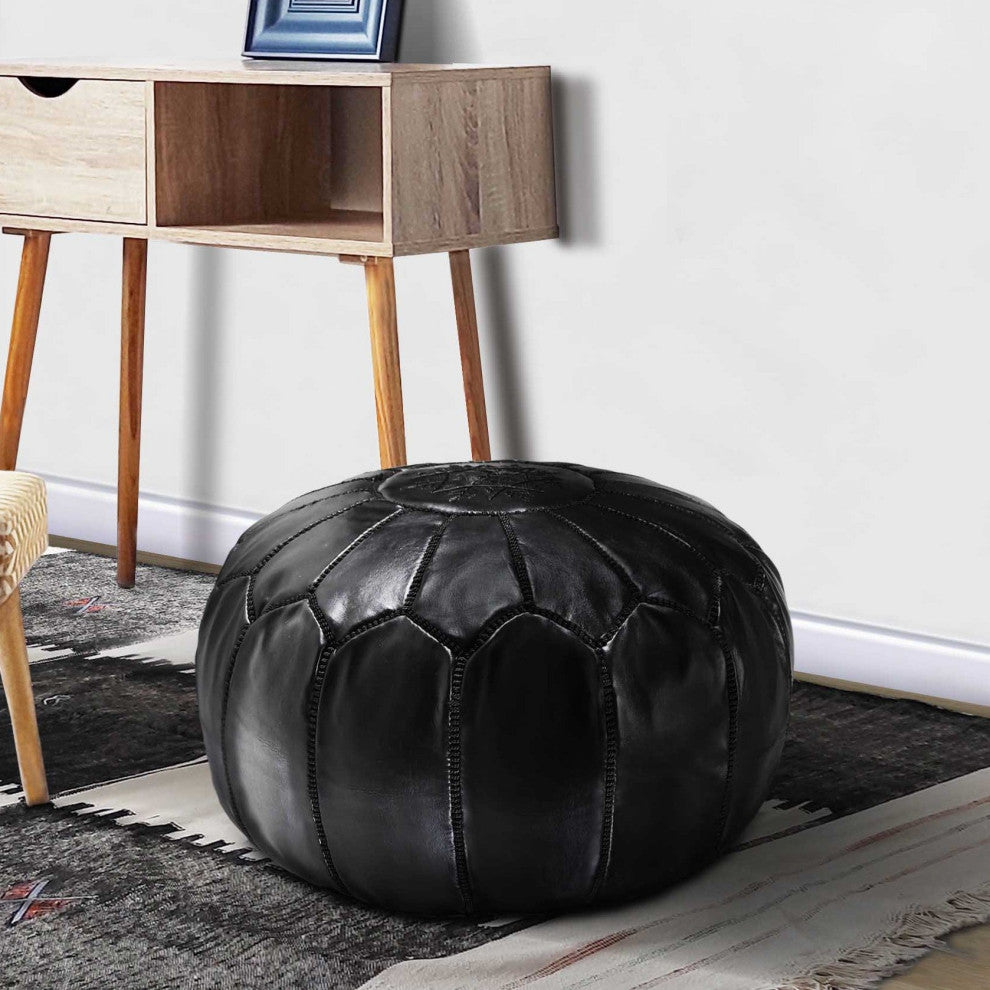 Handmade Moroccan Ottoman, Genuine Leather Pouf, Black