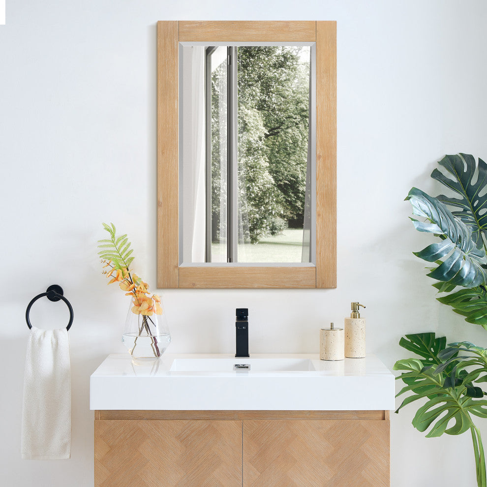 Ivy Rectangular Bathroom Wood Framed Wall Mirror, Light Brown, 24"
