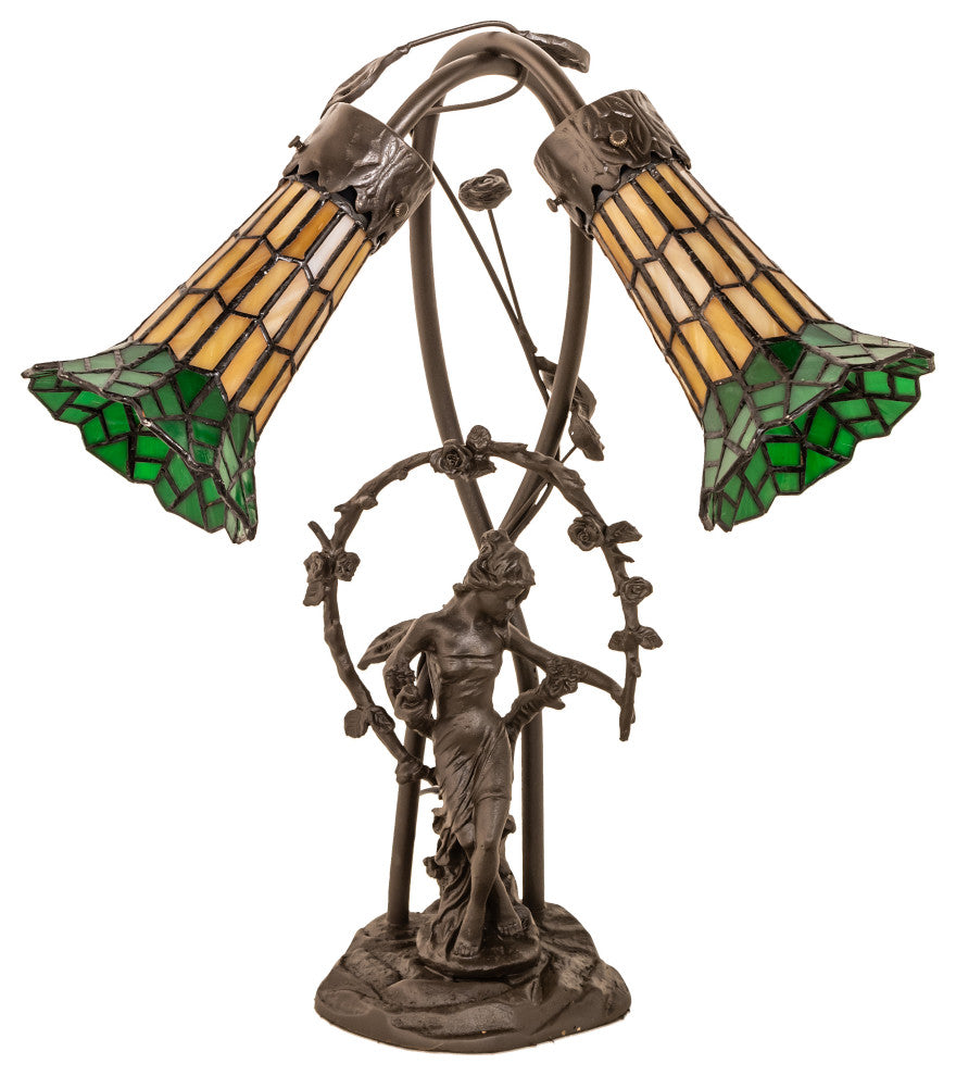 17 High Stained Glass Pond Lily 2 Light Trellis Girl Table Lamp