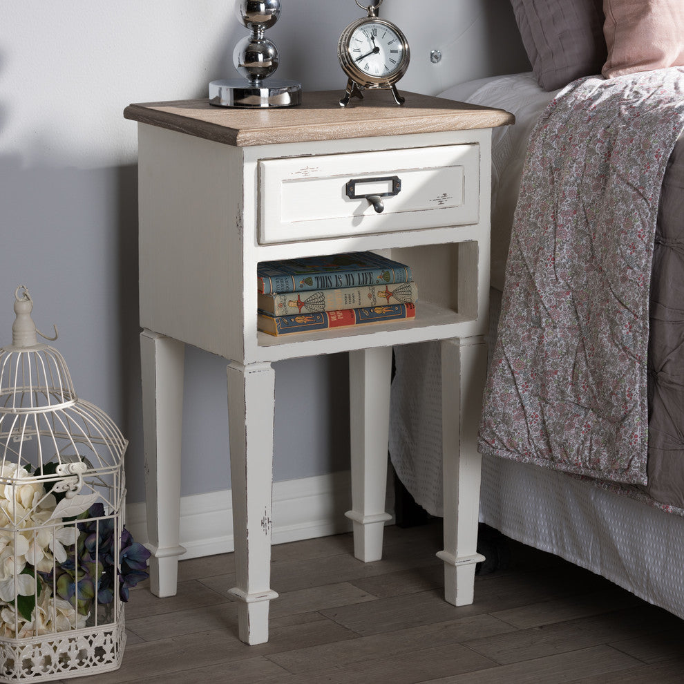Dauphine Weathered Oak and White Wash Distressed Finish Wood Nightstand