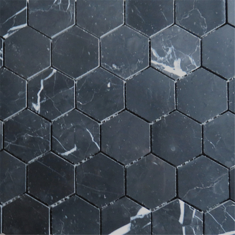 Nero Marquina Black Marble 2 inch Hexagon Mosaic Tile Polished, 1 sheet