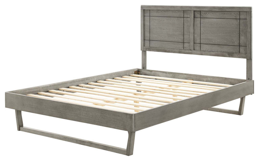 Platform Bed Frame, King Size, Wood, Gray, Modern Mid-Century, Bedroom