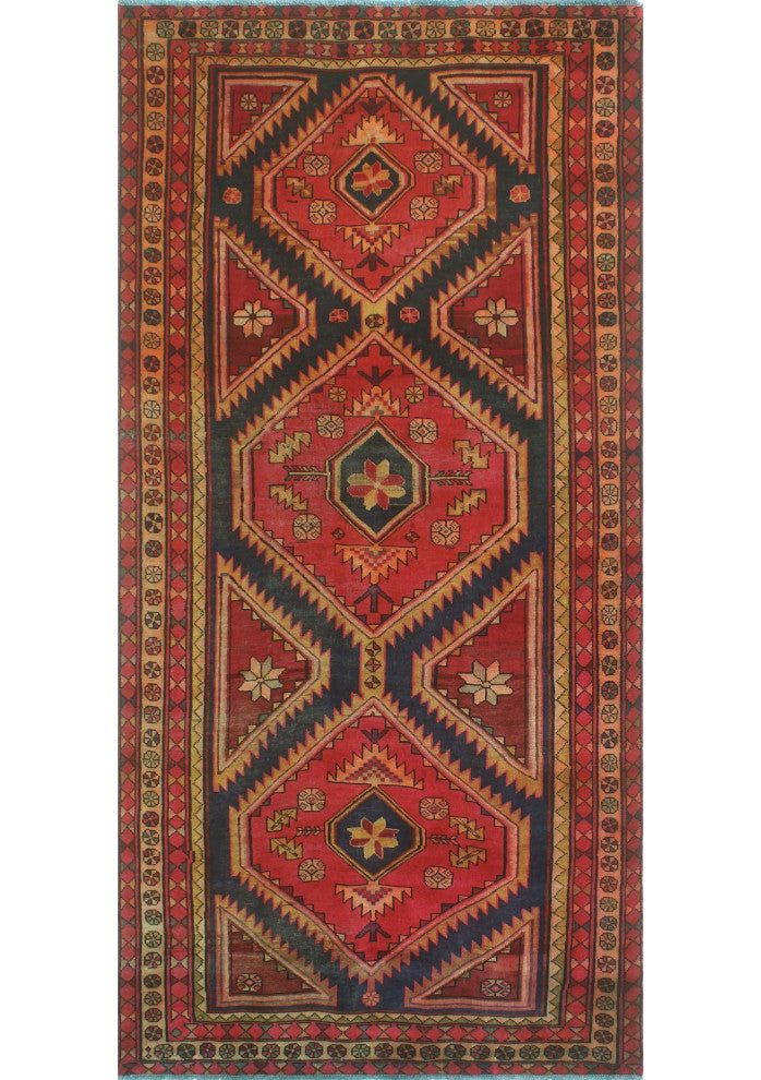 Fine Vintage Distressed Bruno Red/Gold Runner, 4'8x9'9