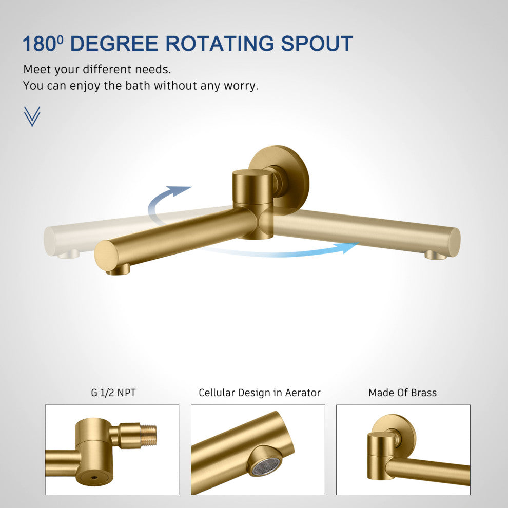 CASAINC 10" Round Wall Mounted Shower System Set Handheld Spray & Bathtub Spout, Brushed Gold