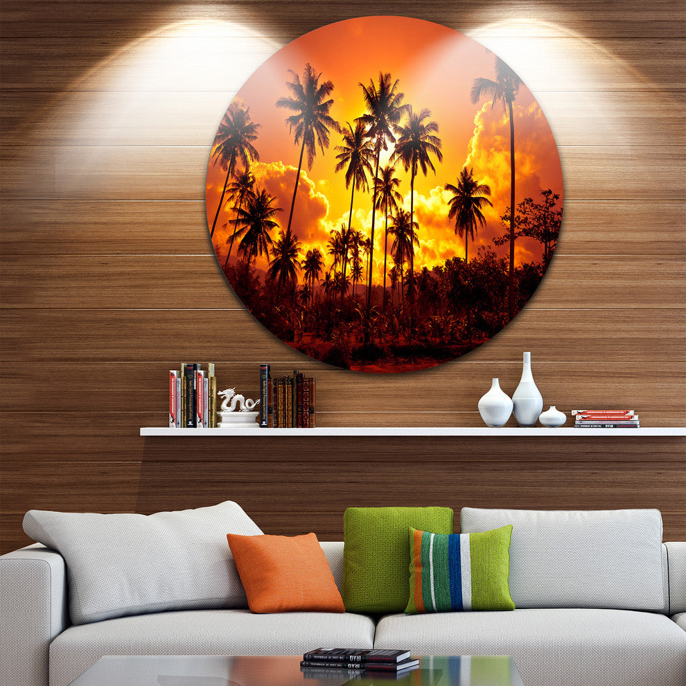 Coconut Palms Against Yellow Sky, Landscape Disc Metal Wall Art, 11"