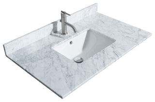 Strada 36" Single Vanity in White, White Carrara Marble Top, Sink, Black Trim