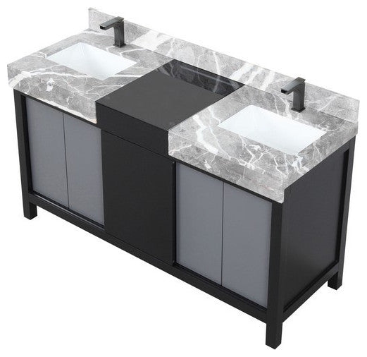 Zilara 60" Black and Grey Double Vanity, Balzani Gun Metal Faucet Set
