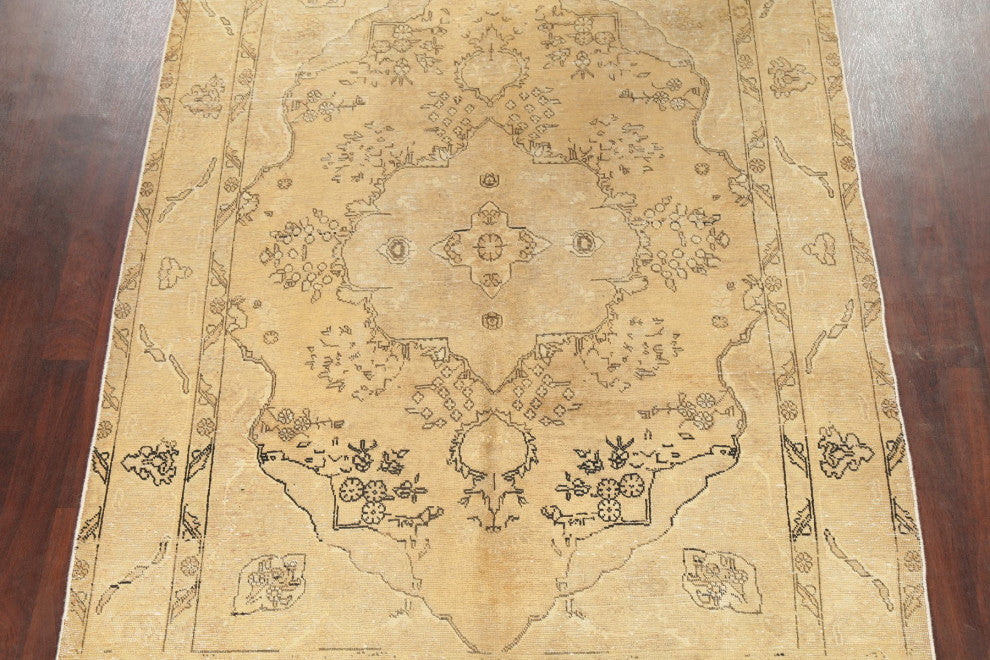 Consigned, Vintage-Style Handmade Faded Distressed Persian Area Rug, Beige, 7x10