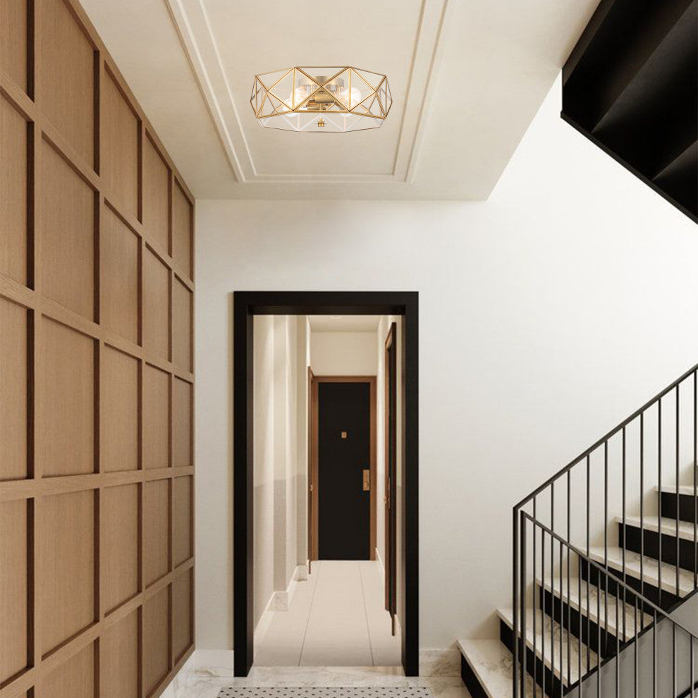 4 Light 16.93" Unique/Statement Geometric Flush Mount, Brass Dust