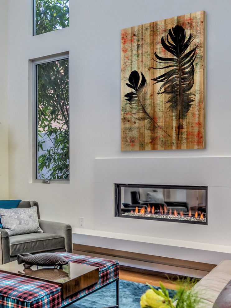 "Beautiful Black Feathers" Print on Natural Pine Wood, 24"x36"