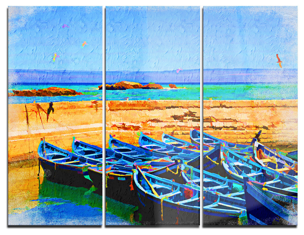 "Blue Boats in Sea" Painting Metal Wall Art, 3 Panels, 36"x28"