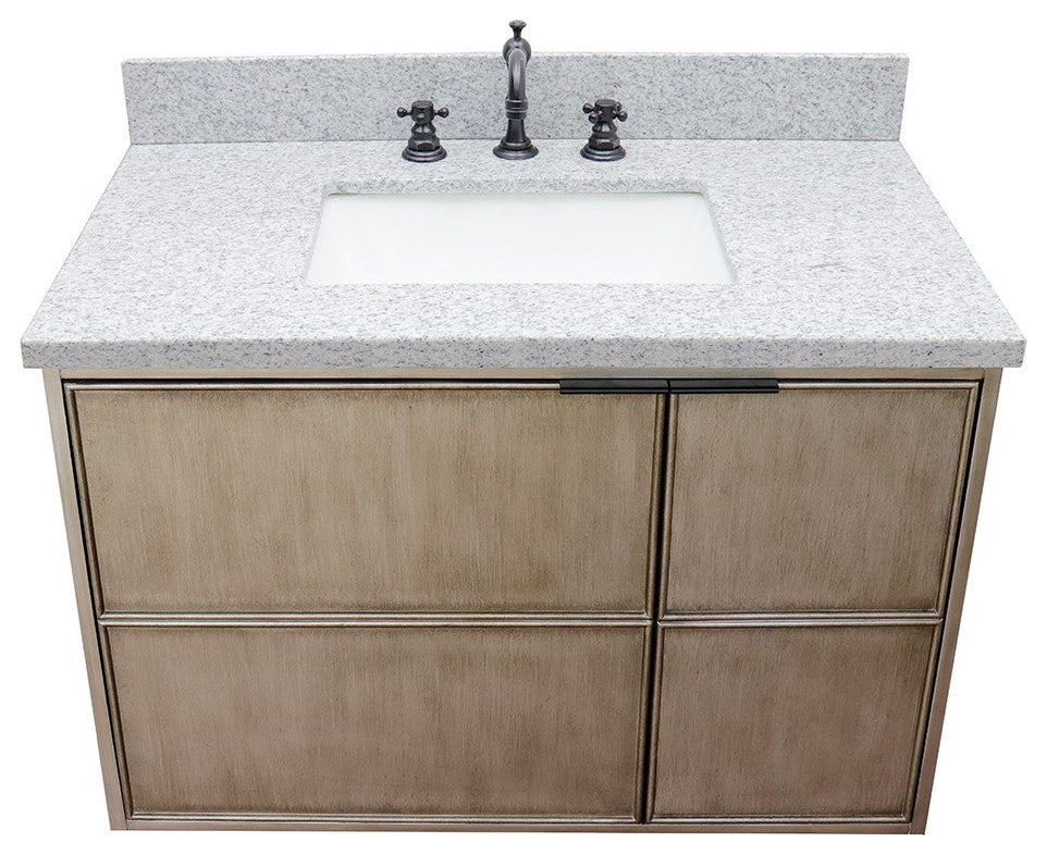 37" Single Wall Mount Vanity, Linen Brown Finish With Gray Granite Top