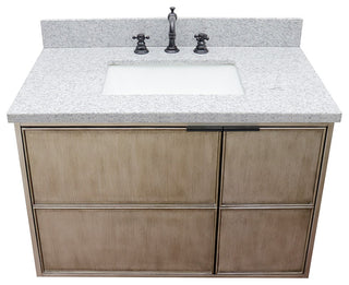 37" Single Wall Mount Vanity, Linen Brown Finish With Gray Granite Top