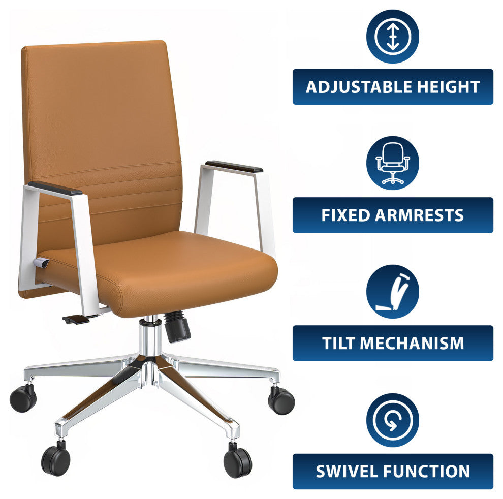 LeisureMod Aleen Upholstered Leather Office Chair With Swivel and Tilt, Acorn Brown