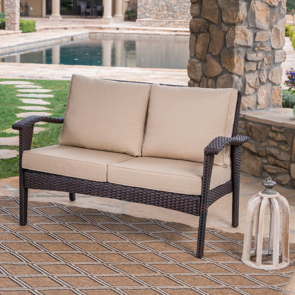 GDF Studio Hilary Outdoor Brown Wicker Loveseat With Water Resistant Cushions, Brown/Tan