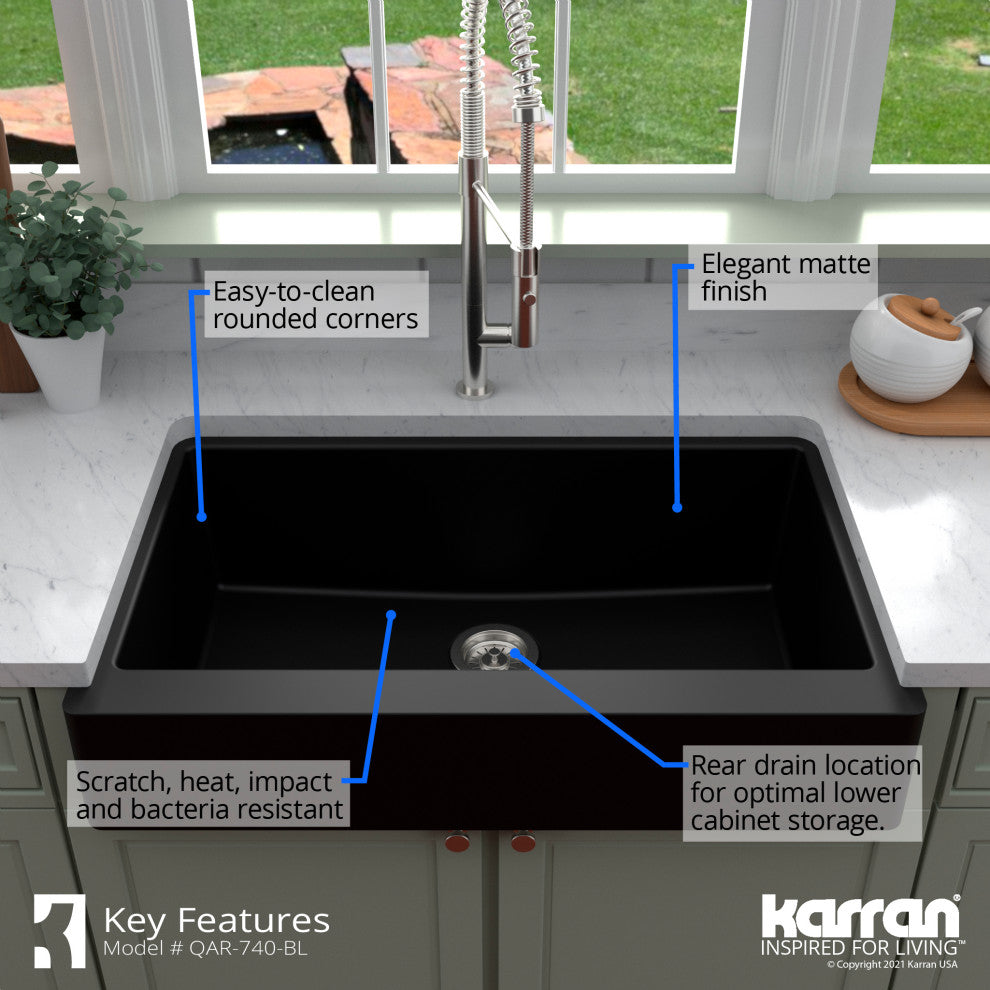 Karran Retrofit Farmhouse Quartz 34" Single Bowl Sink, Black