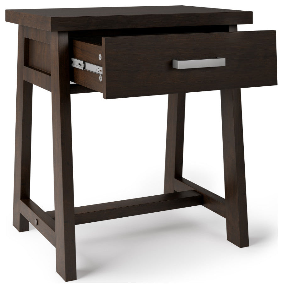 Sawhorse Solid Wood 24" Bedside Nightstand Table, Dark Chestnut Brown