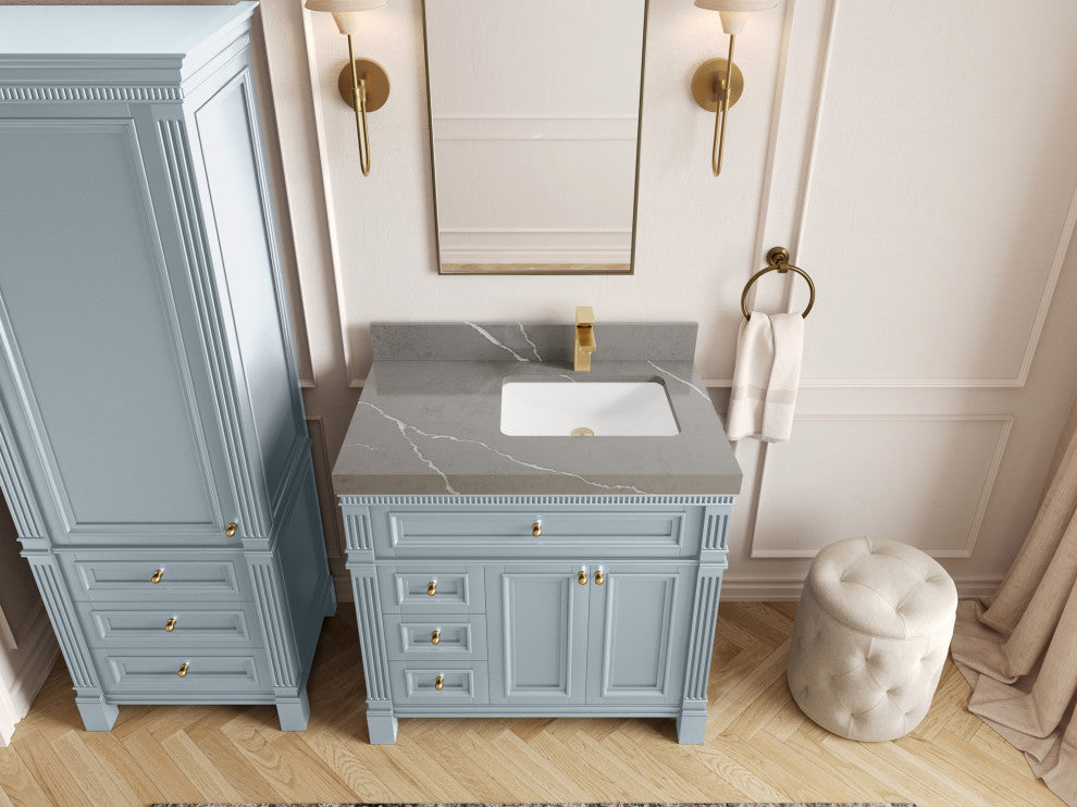 Paris 36" Right Offset Bathroom Vanity, Blue Heather 2" Piatra Gray