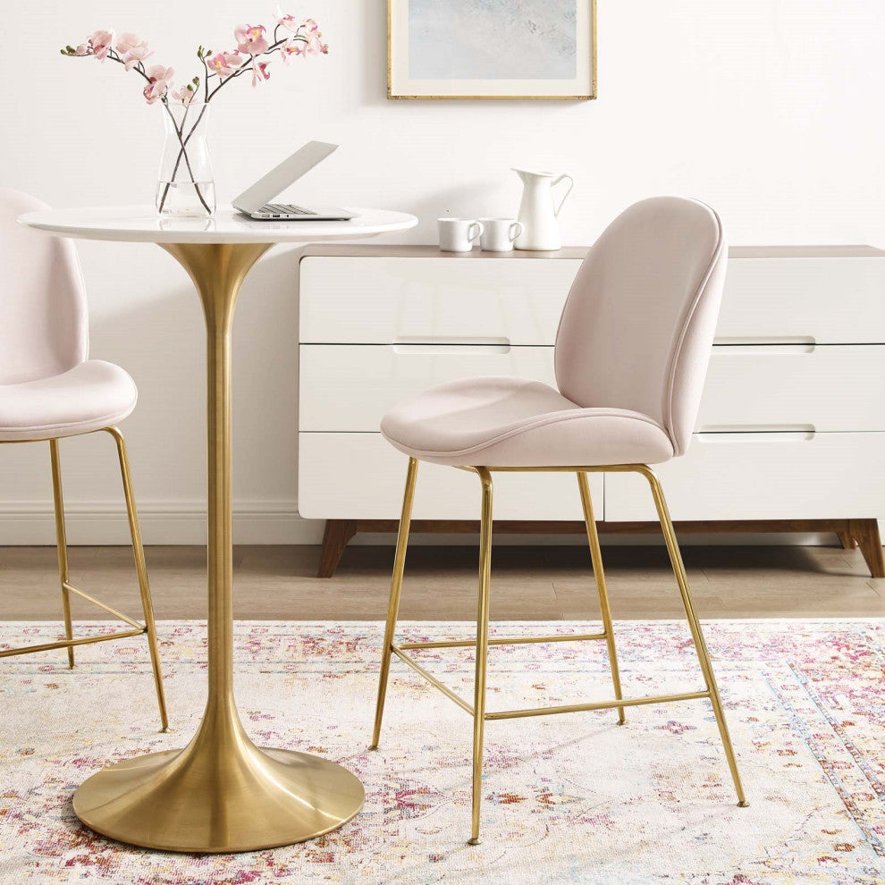 Velvet Bar Stool, Gold Bar Stool, Luxe Glam Contemporary Modern Barstool, Pink