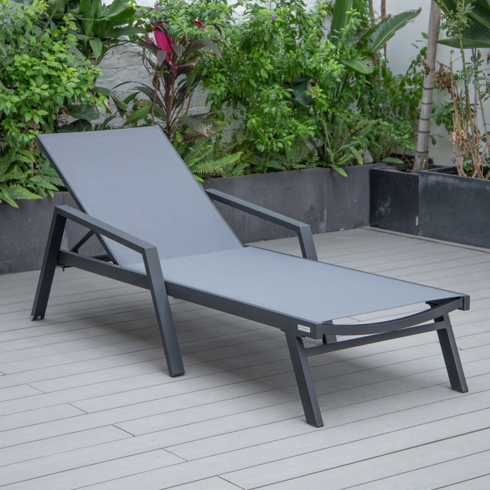 LeisureMod Marlin Chaise Lounge Chair With Arms and Fire Pit Table, Dark Gray