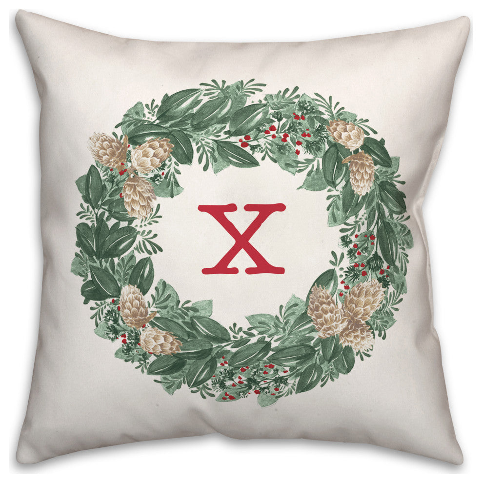 Christmas Wreath Monogram X 18x18 Spun Poly Pillow