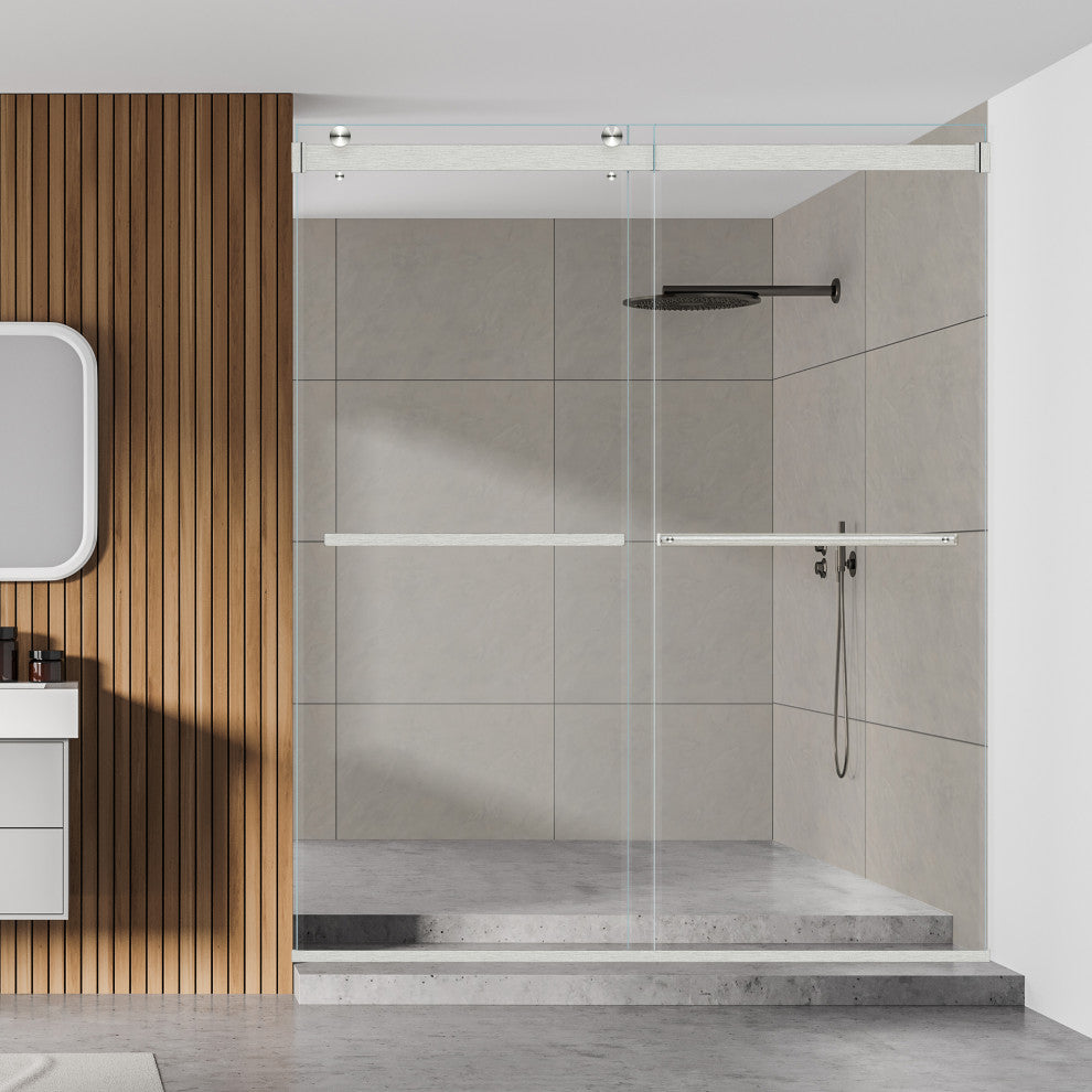 Marcelo By Pass Frameless Shower Door, Clear Glass, Brushed Nickel, 64"wx76"h