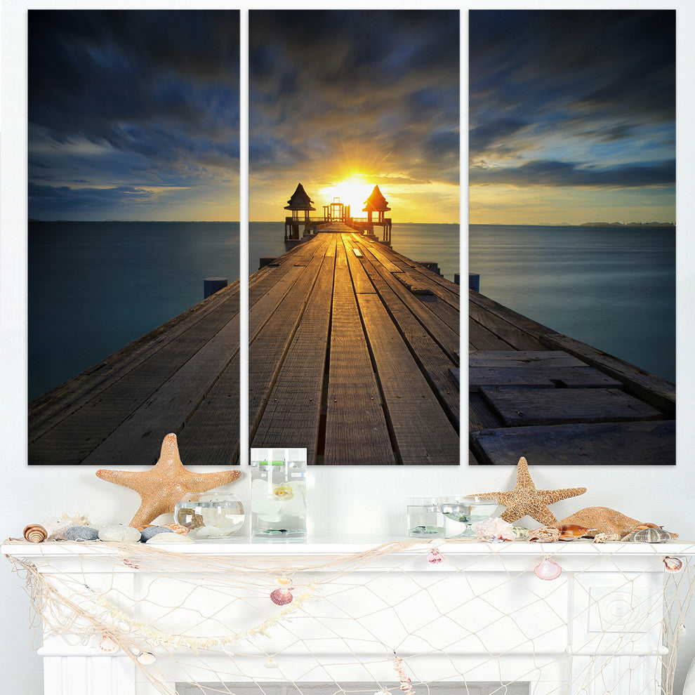 "Illuminated Wooden Bridge in Sunlight" Metal Wall Art, 3 Panels, 36"x28"