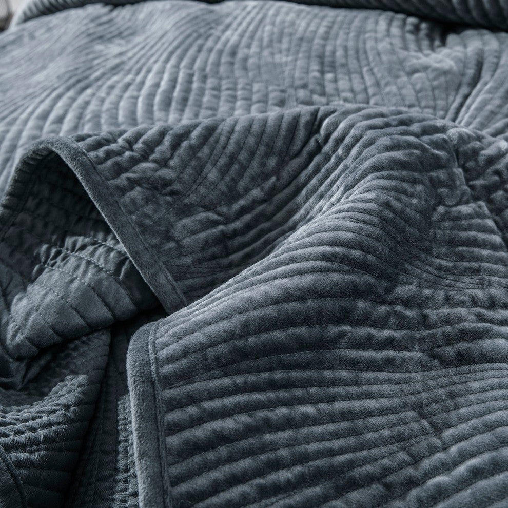 Navy Blue Velvet Plush Waves Bedspread Set, Cal King