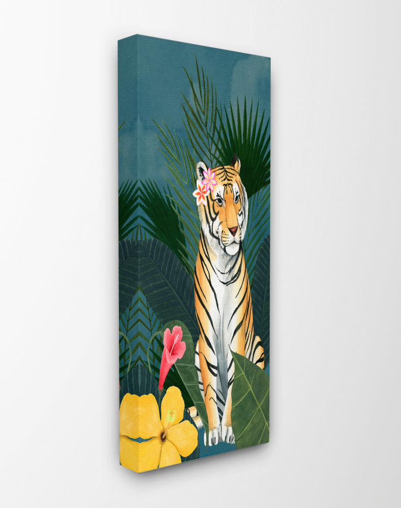 Tiger Flowers Orange Pink Animal Painting, 13"x30", Canvas Art