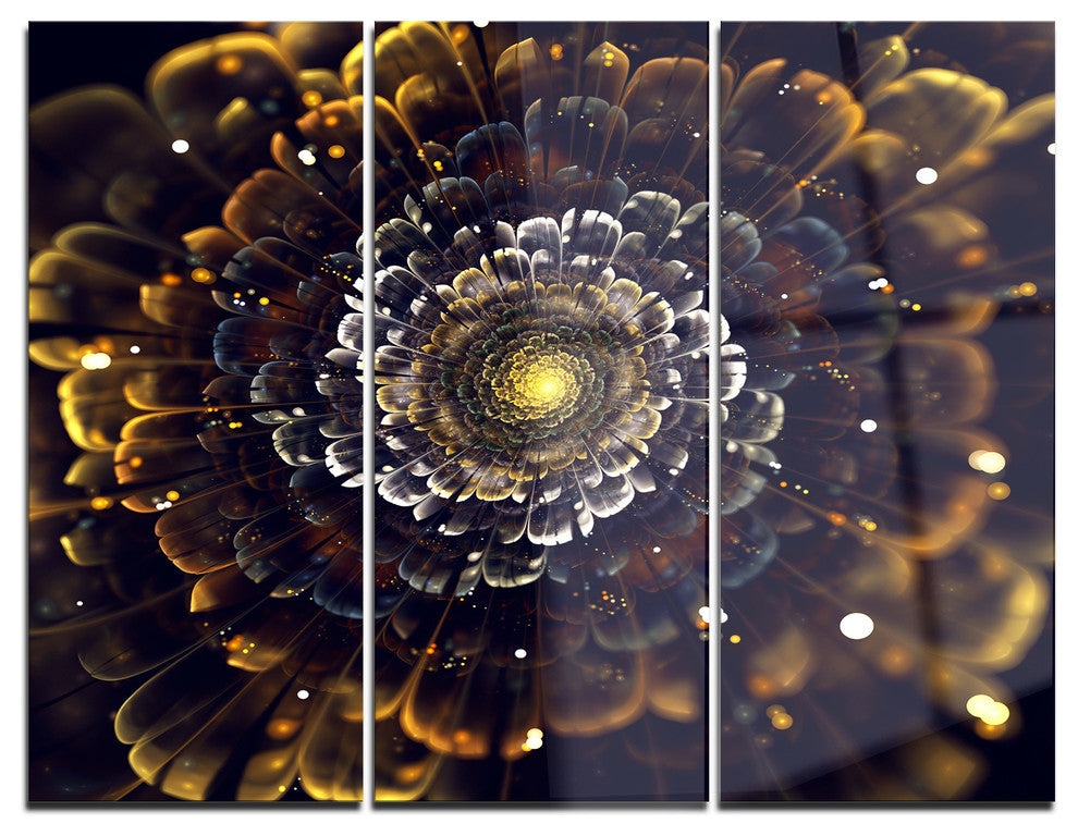 "Yellow Fractal Flowers With Violet" Digital Metal Wall Art, 3 Panels, 36"x28"