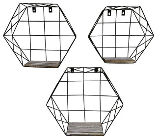 Hexagon Wall-Mounted Hanging Shelves, 3-Piece Set, Black